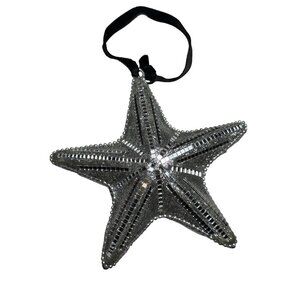Silver Glitter Star Ornament With Sequins & Mirror Details Hanging With Black Ri